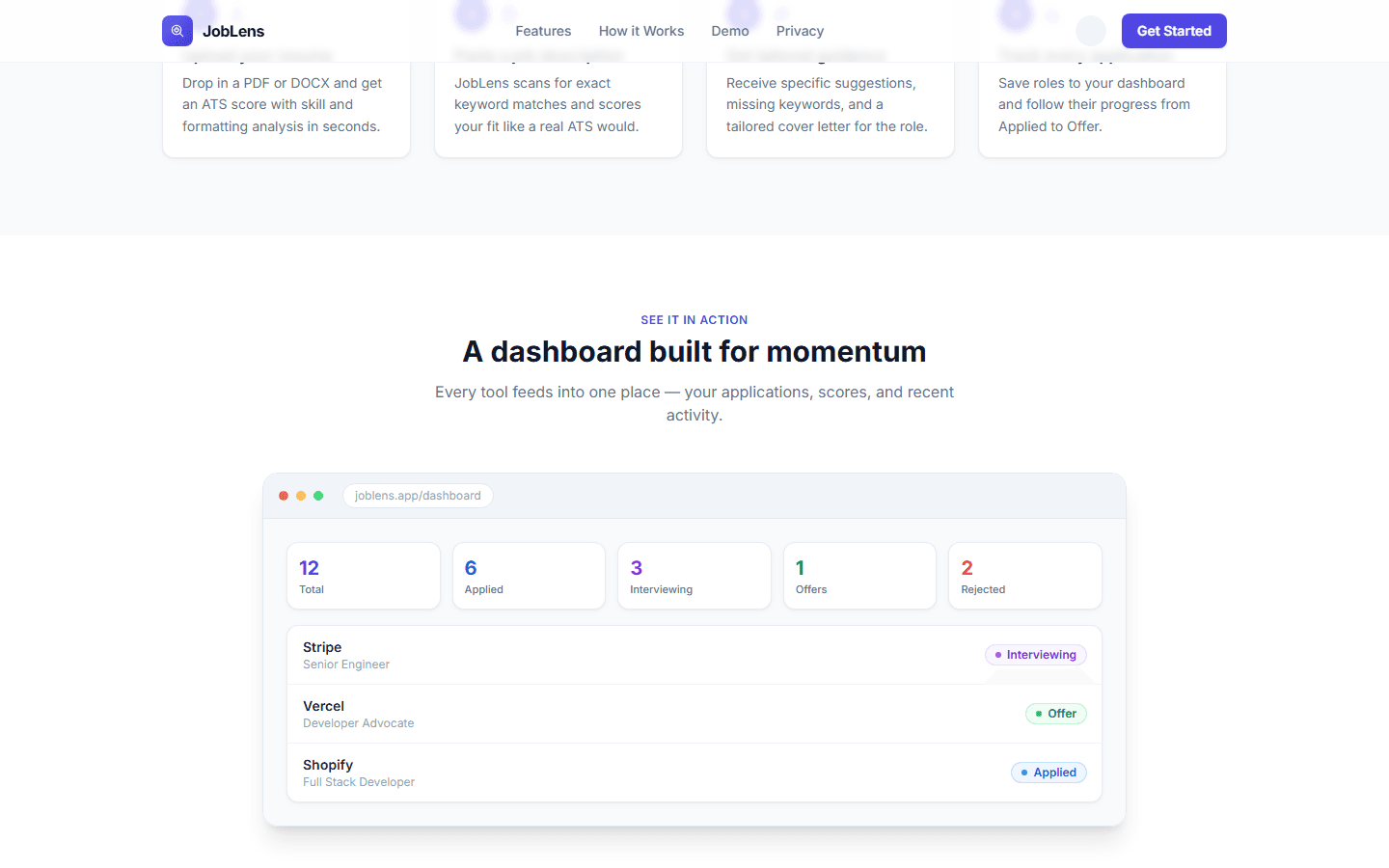 JobLens application tracking dashboard